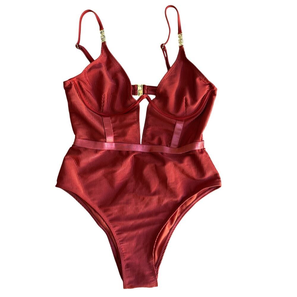 XOXO One Piece Plunging V-Neck Cut Out Ribbed Orange Red Swimsuit Size XL Sexy